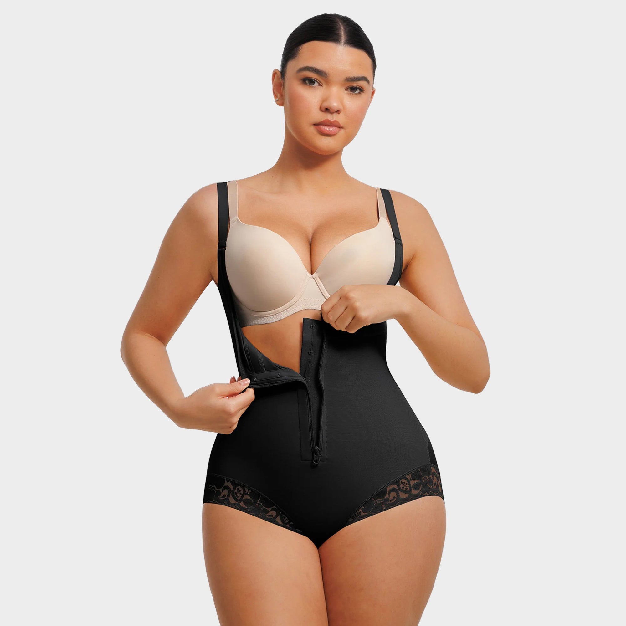 U-Shaped Bust Lifting Lace Bodysuit With Front Zipper - Auxieswear