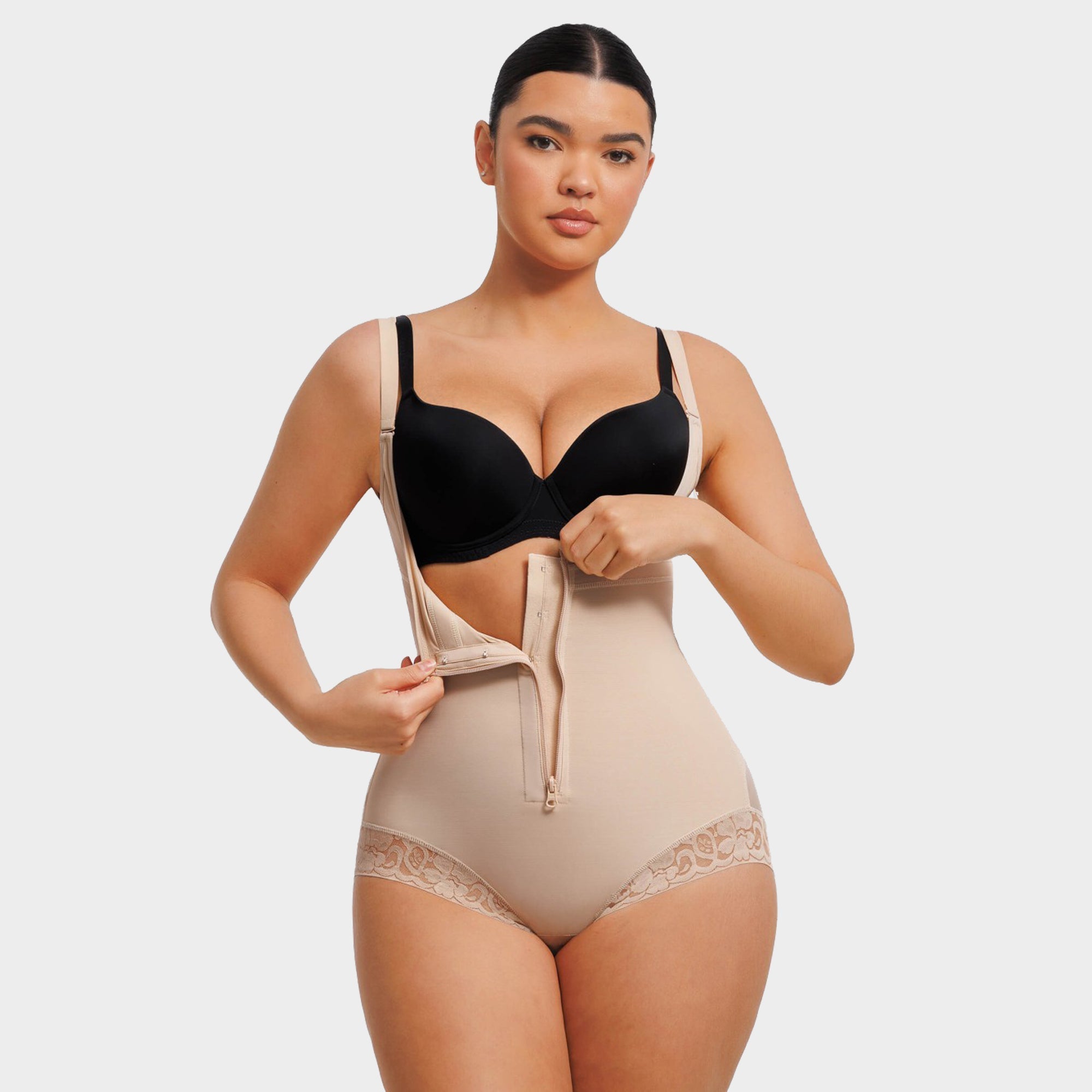 U-Shaped Bust Lifting Lace Bodysuit With Front Zipper - Auxieswear