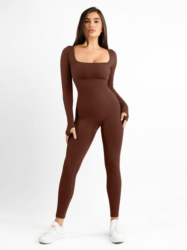Square Neck Seamless Long Sleeve Jumpsuit - Auxieswear