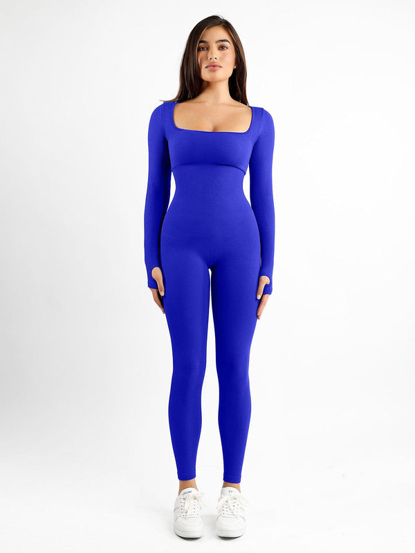Square Neck Seamless Long Sleeve Jumpsuit - Auxieswear