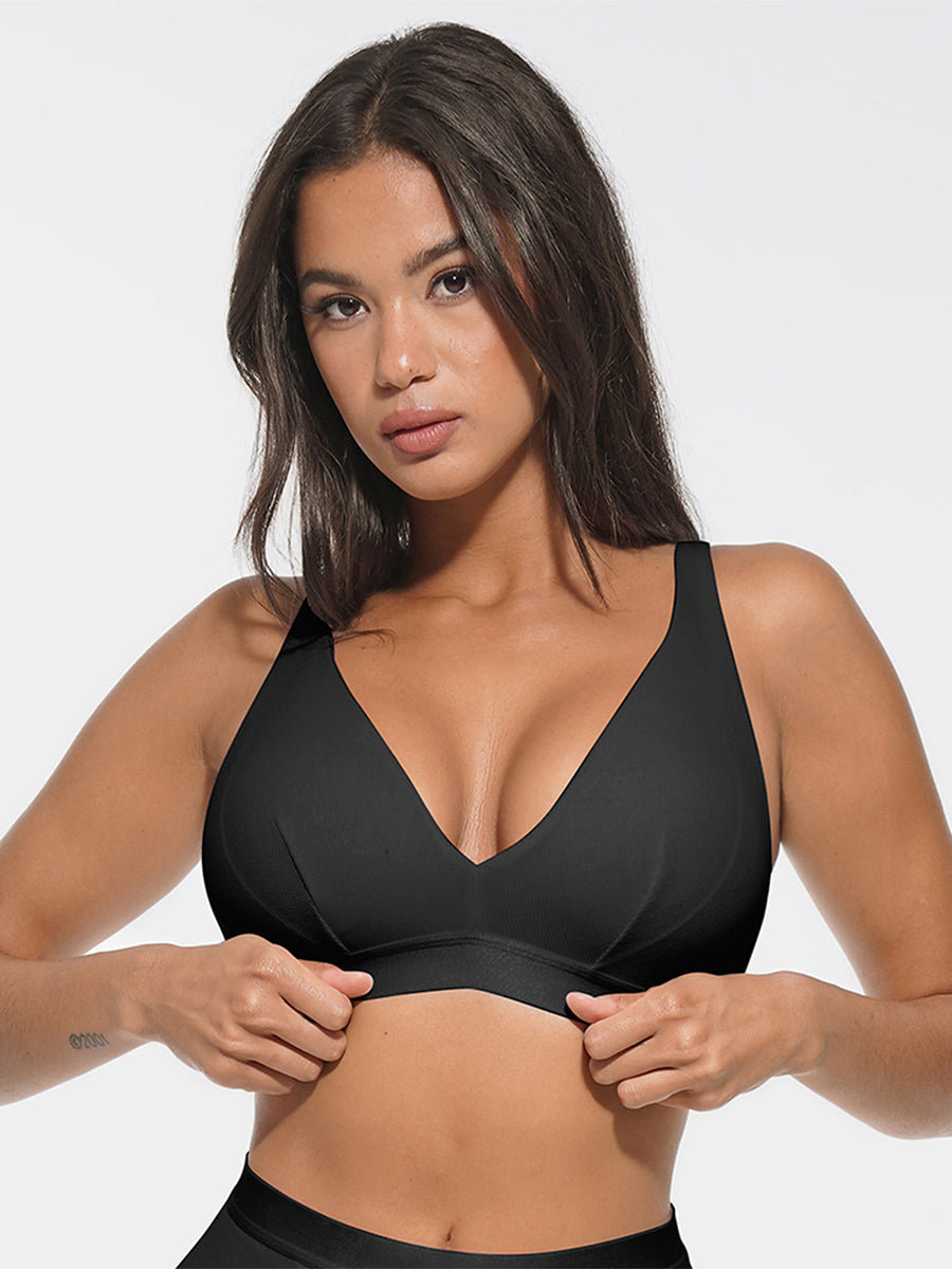 Deep V-Neck Ribbed Bralette with Removable Pads - Auxieswear