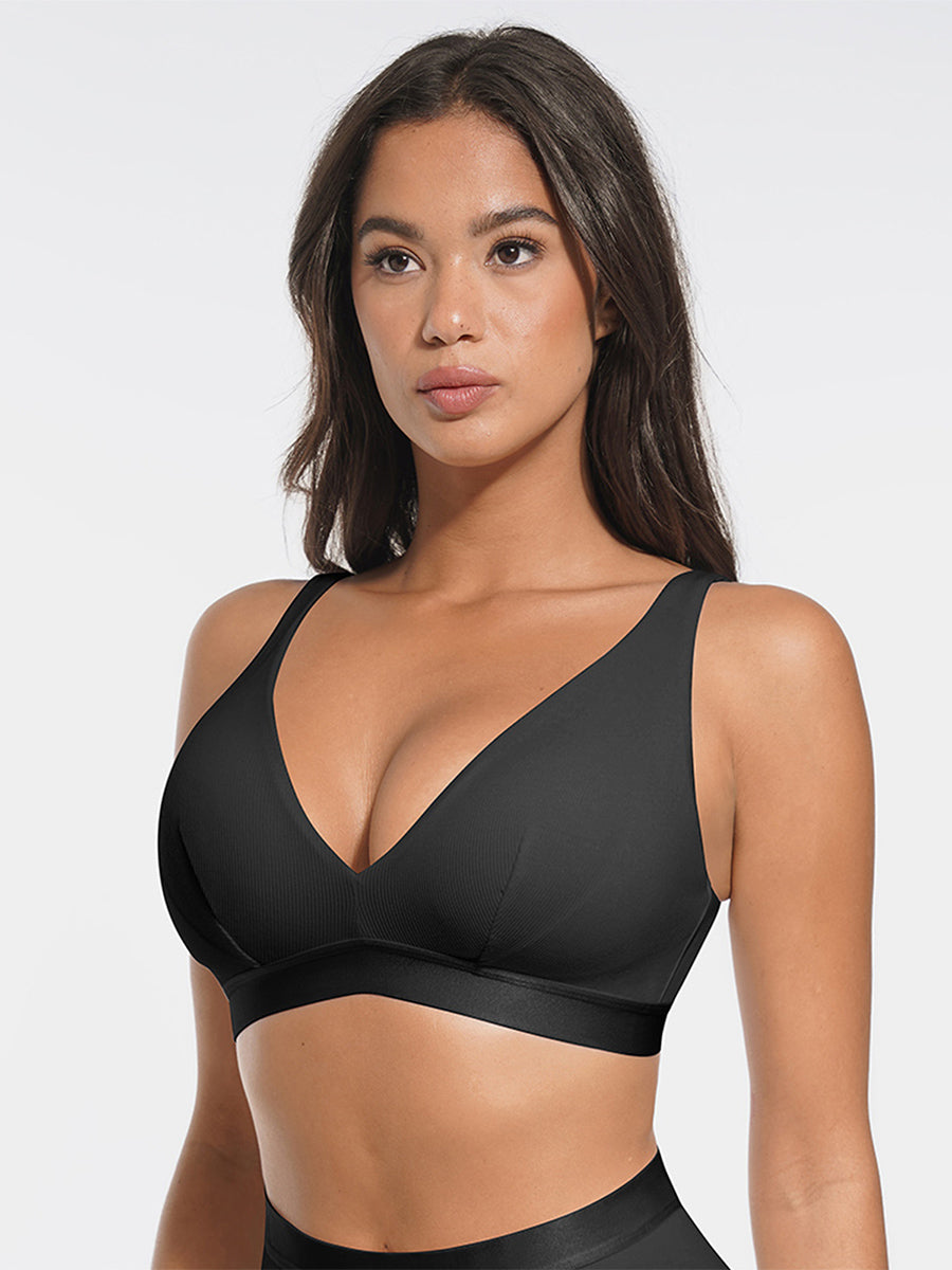 Deep V-Neck Ribbed Bralette with Removable Pads - Auxieswear