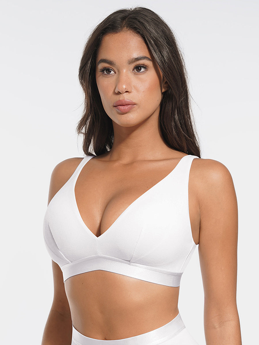 Deep V-Neck Ribbed Bralette with Removable Pads - Auxieswear