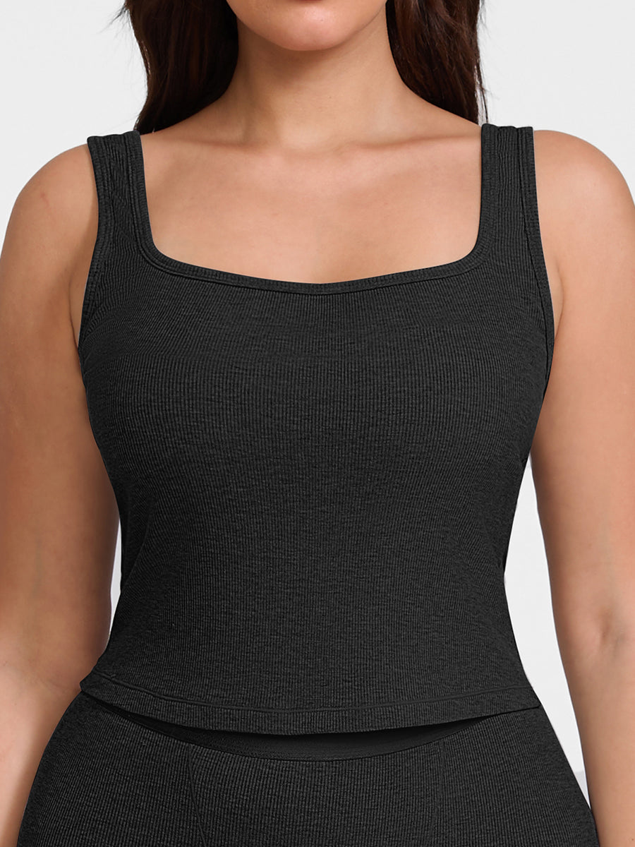 Breathable Ribbed Wide Strap Scoop Neck Tank Top - Auxieswear