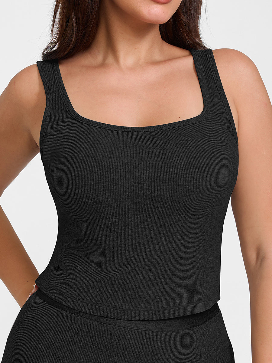 Breathable Ribbed Wide Strap Scoop Neck Tank Top - Auxieswear
