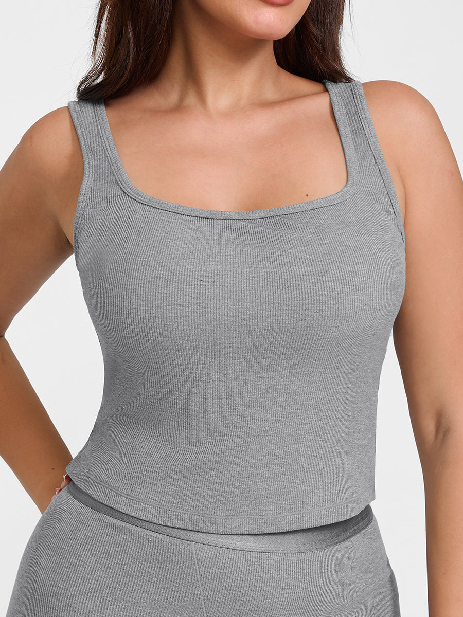 Breathable Ribbed Wide Strap Scoop Neck Tank Top - Auxieswear