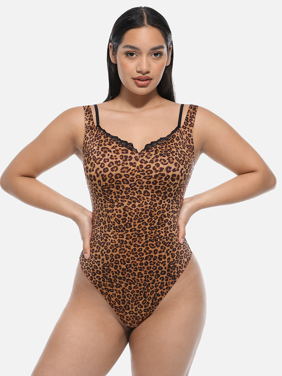 Lace V-neck Waist & Abdomen Shaping Thong Bodysuit - Auxieswear