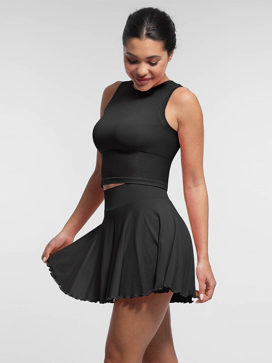 Mid-Waist Flared Skirt with Built-In Shorts & Pockets - Auxieswear