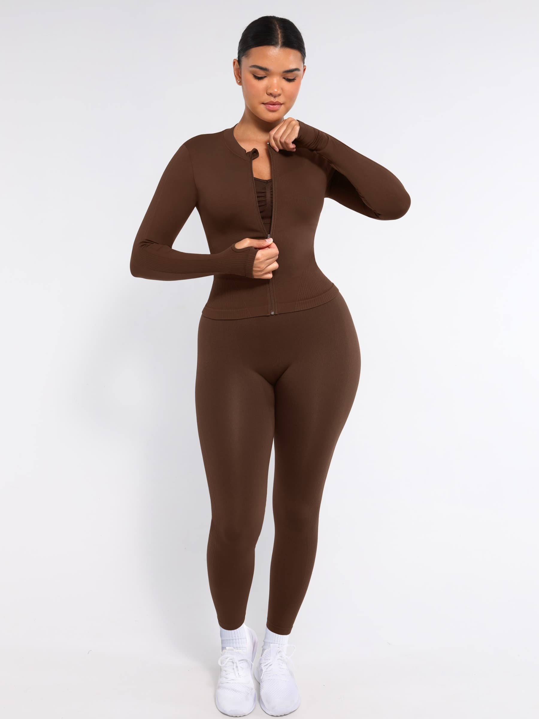 Waist Control Gym Top With Front Zipper - Auxieswear