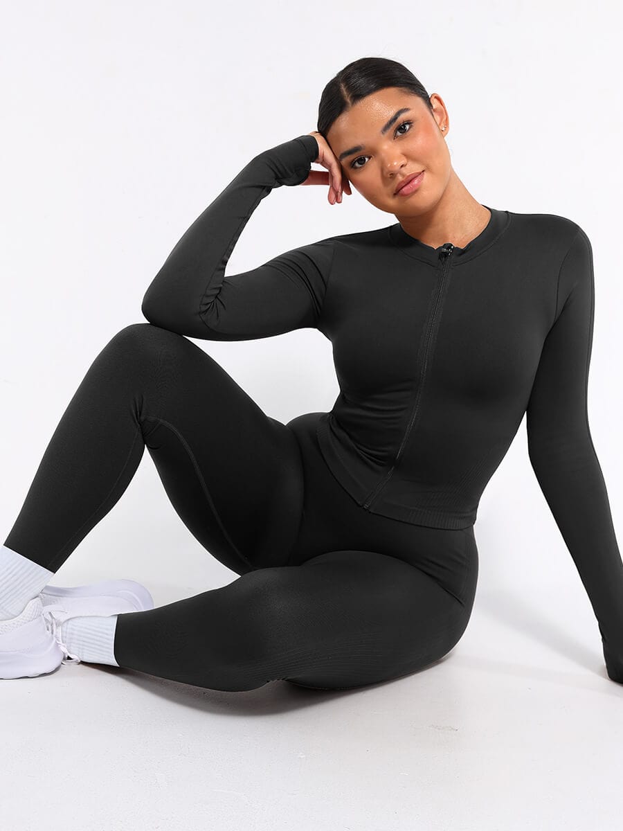Waist Control Gym Top With Front Zipper - Auxieswear