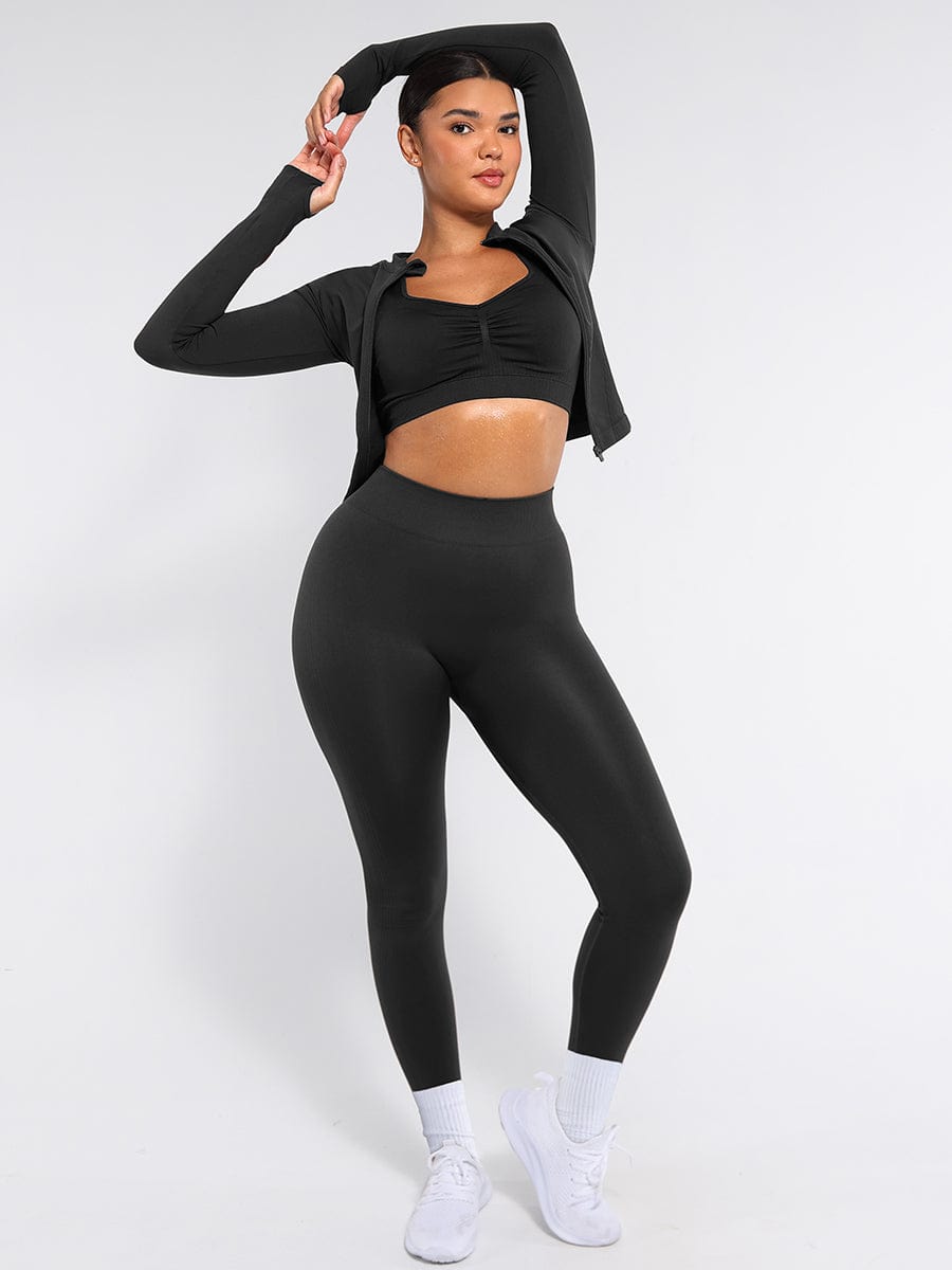 Waist Control Gym Top With Front Zipper - Auxieswear
