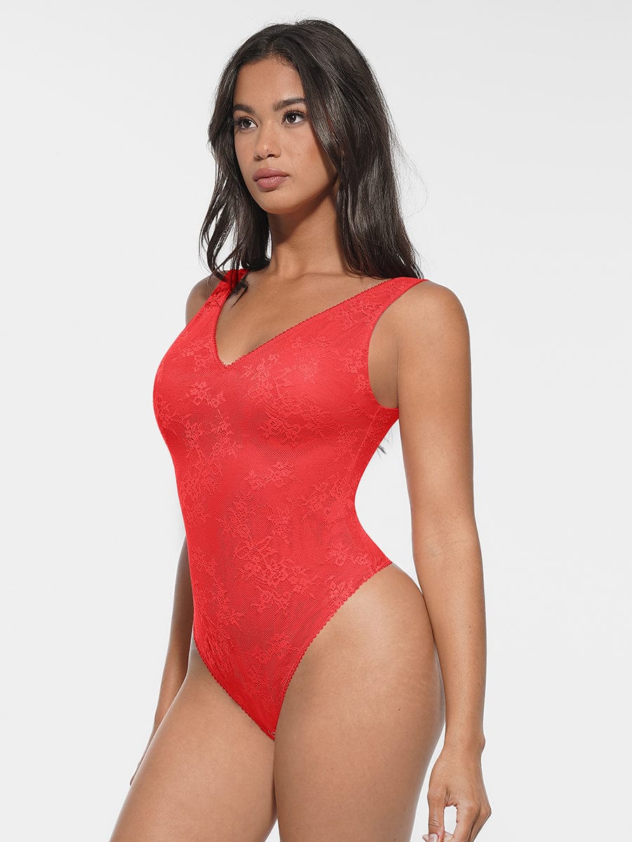 Waist and Abdomen Shaping Deep V-Neck Lace Bodysuit - Auxieswear