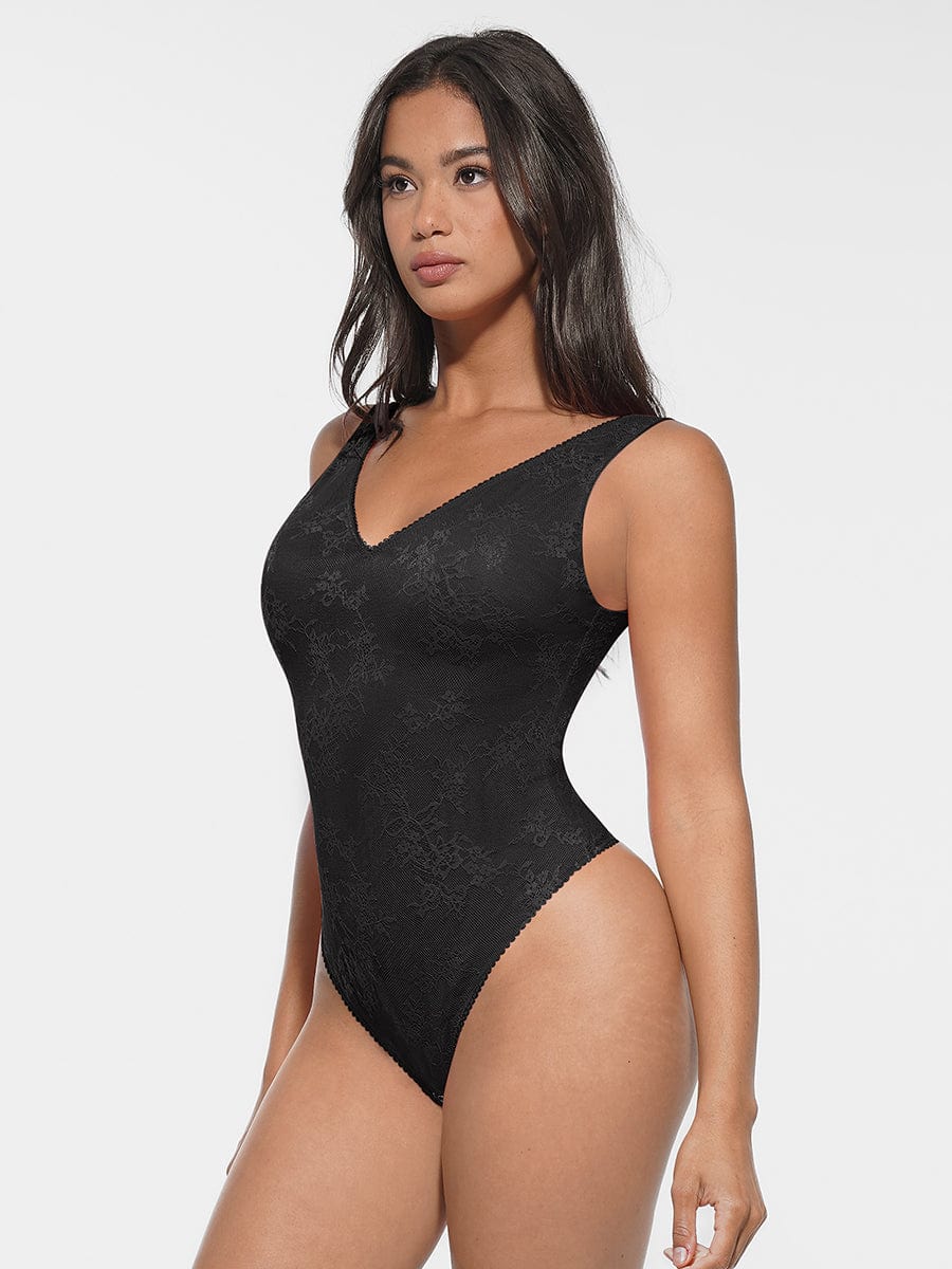Waist and Abdomen Shaping Deep V-Neck Lace Bodysuit - Auxieswear