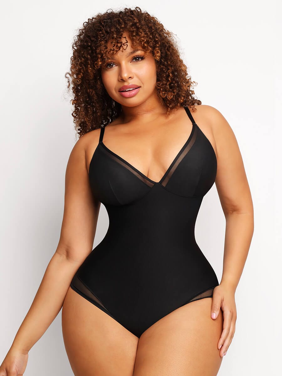 Deep V-Neck Mesh Sheer Bodysuit - Auxieswear