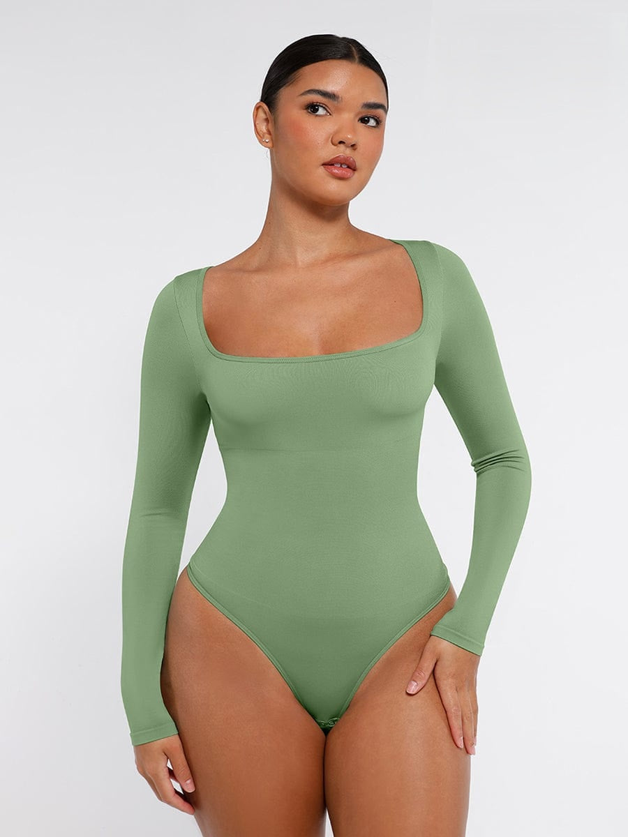 Square Neck Long Sleeve Waist Control Thong Bodysuit - Auxieswear