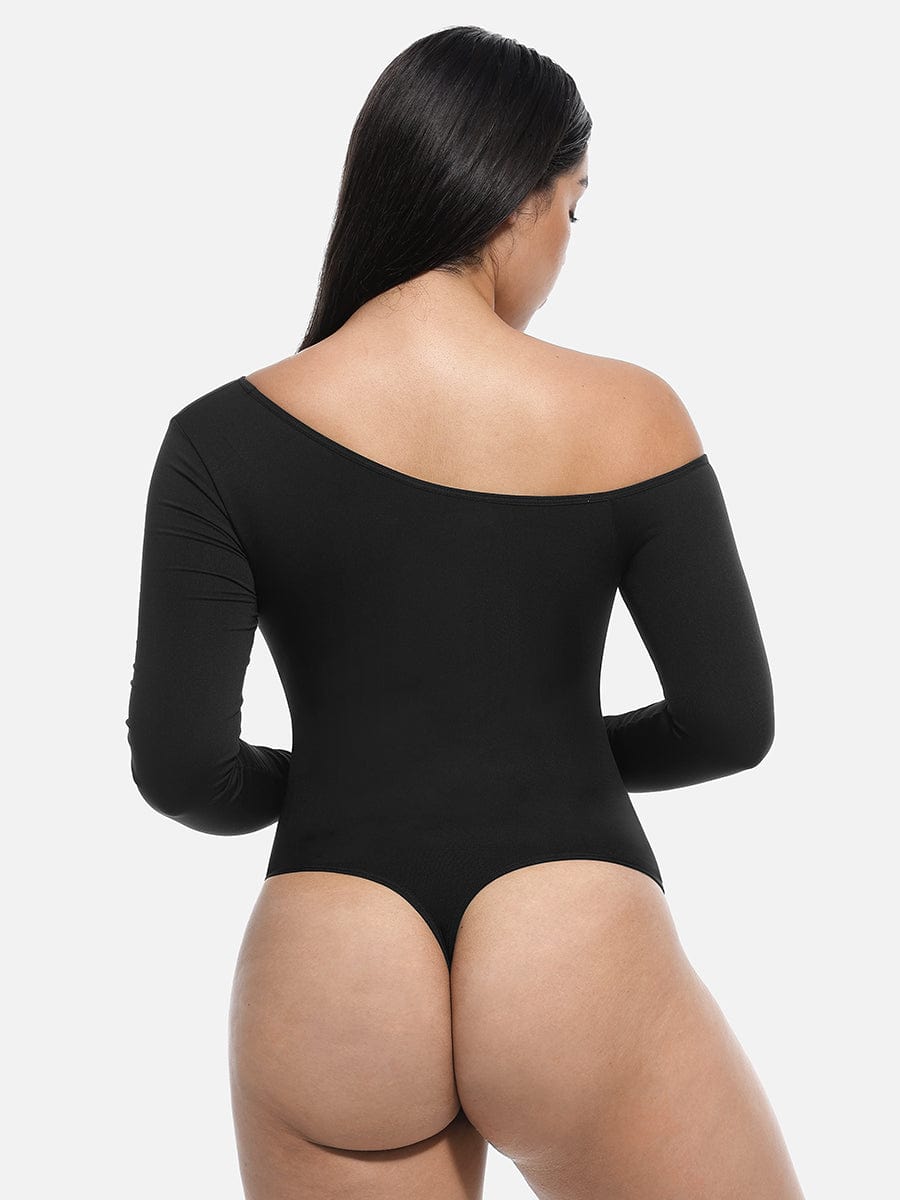 Diagonal Neck Long Sleeve waist Trimming Bodysuit - Auxieswear