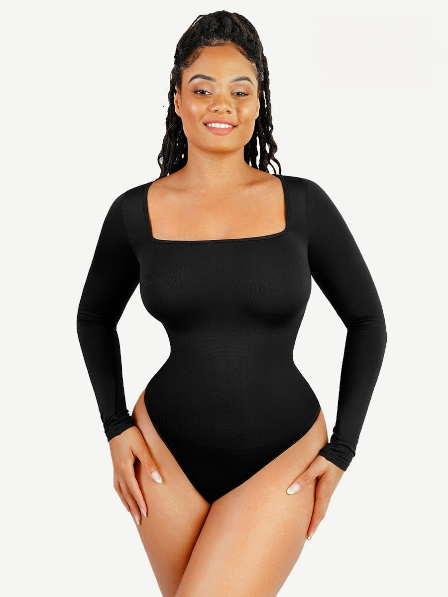 Square Neck Long Sleeve Waist Control Thong Bodysuit - Auxieswear