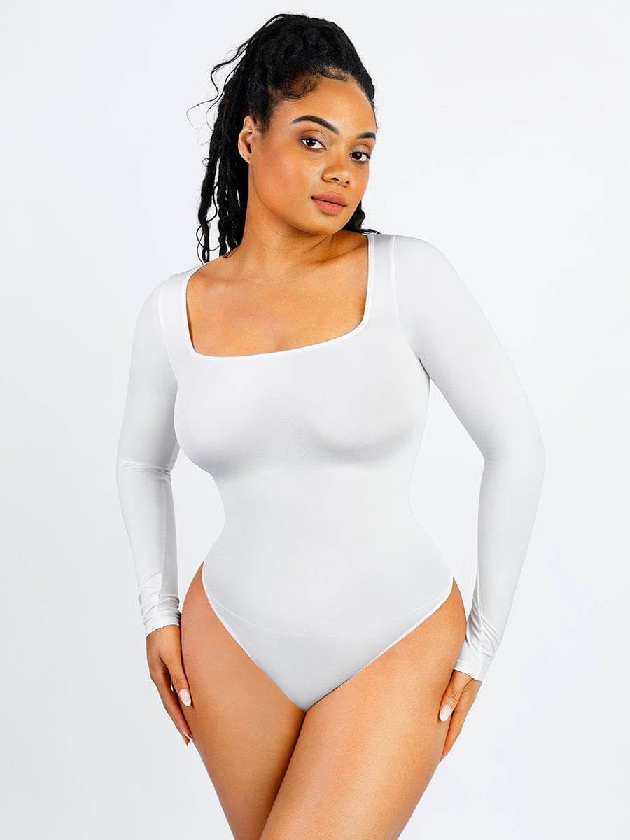 Square Neck Long Sleeve Waist Control Thong Bodysuit - Auxieswear