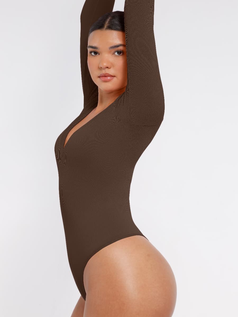 Long Sleeved V-neck Waist & Tummy Sculpt Bodysuit - Auxieswear
