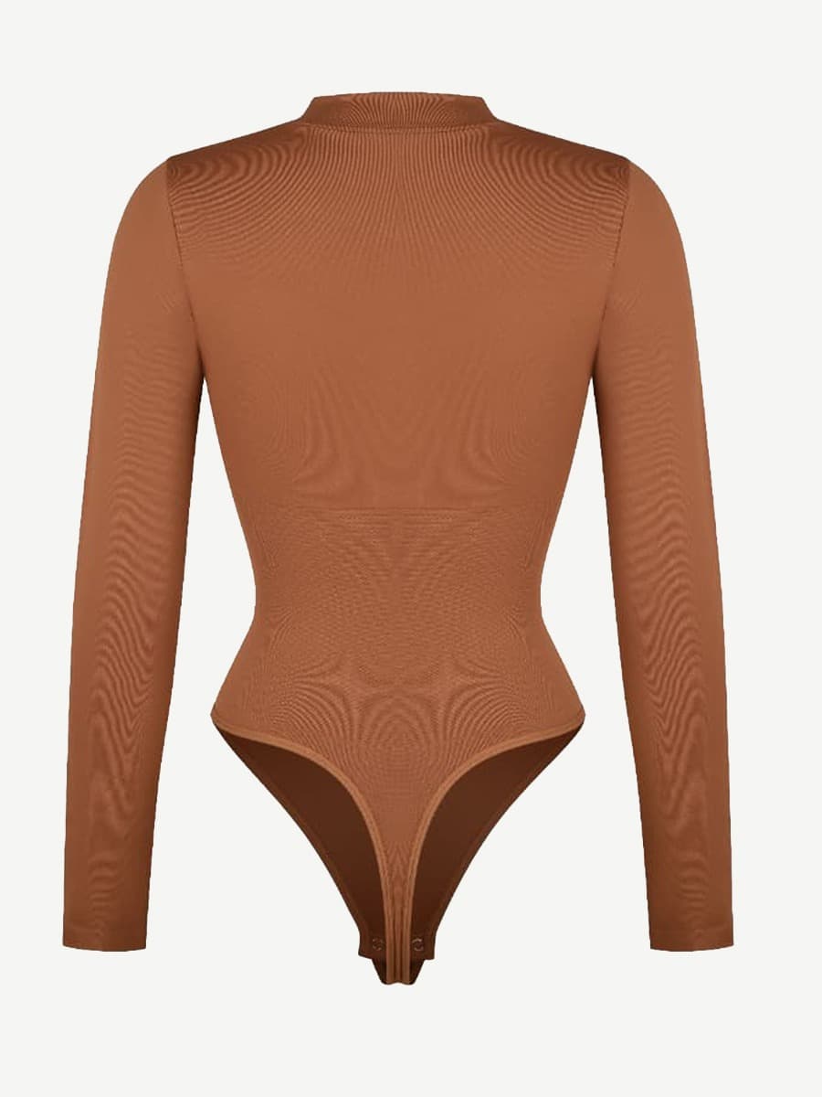 Long Sleeve Waist Shaping Zipper Collar Bodysuit - Auxieswear