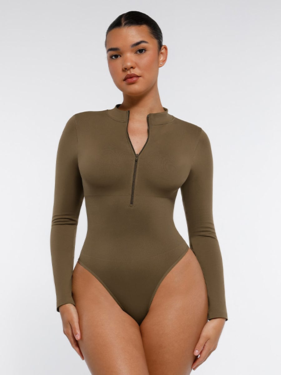 Long Sleeve Waist Shaping Zipper Collar Bodysuit - Auxieswear