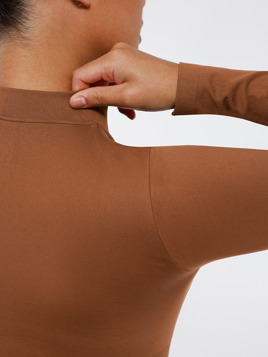 Long Sleeve Waist Shaping Zipper Collar Bodysuit - Auxieswear