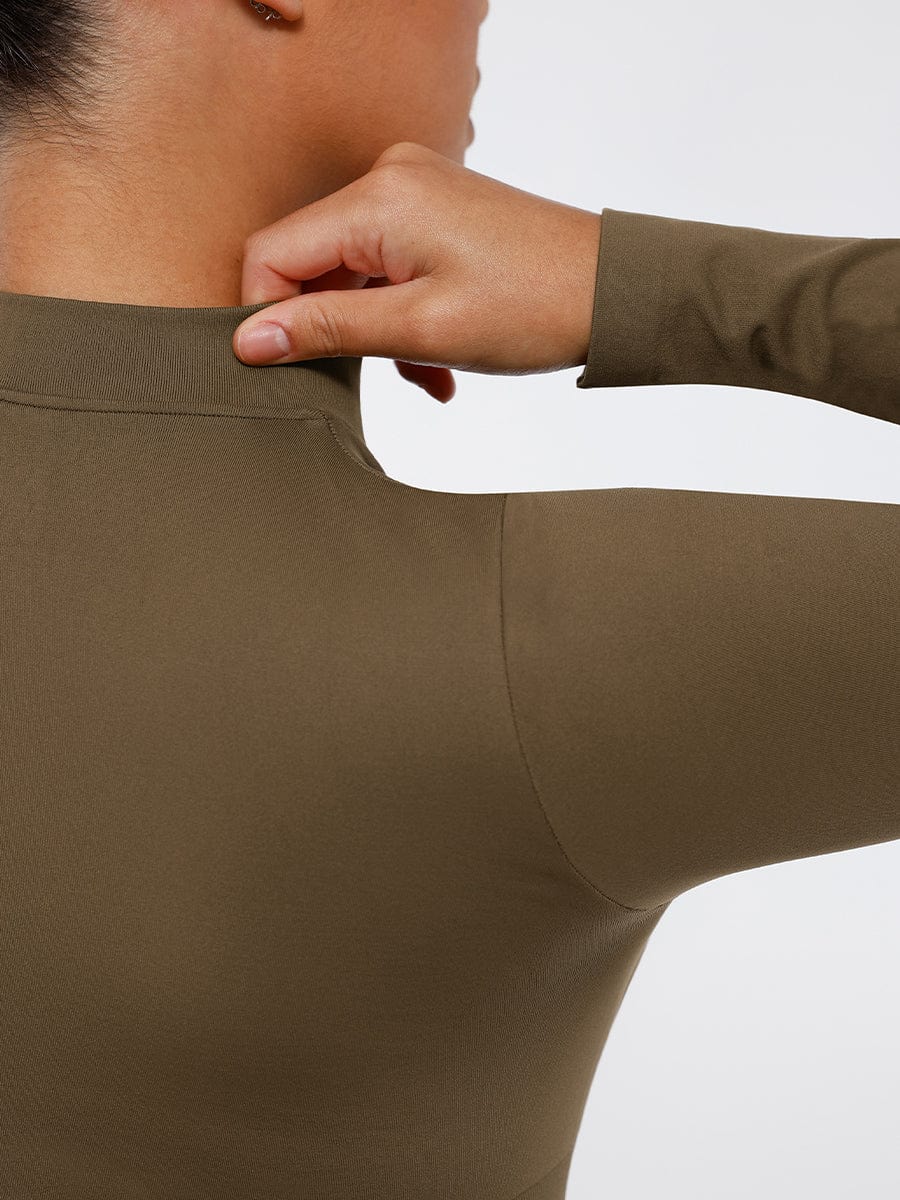 Long Sleeve Waist Shaping Zipper Collar Bodysuit - Auxieswear