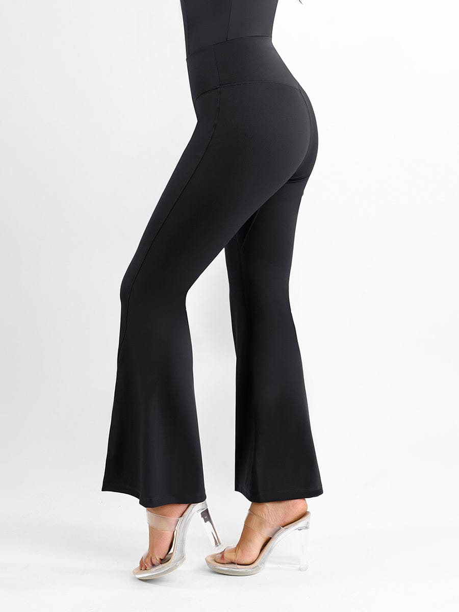 High-Rise Tummy Control Flare Pants with Split Hem - Auxieswear