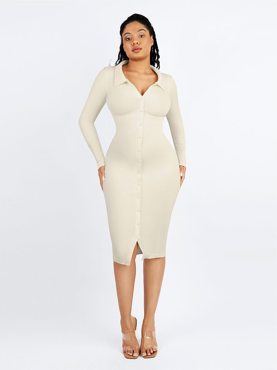 Retro Shirt Style Waist Shaping Casual Midi Dress - Auxieswear