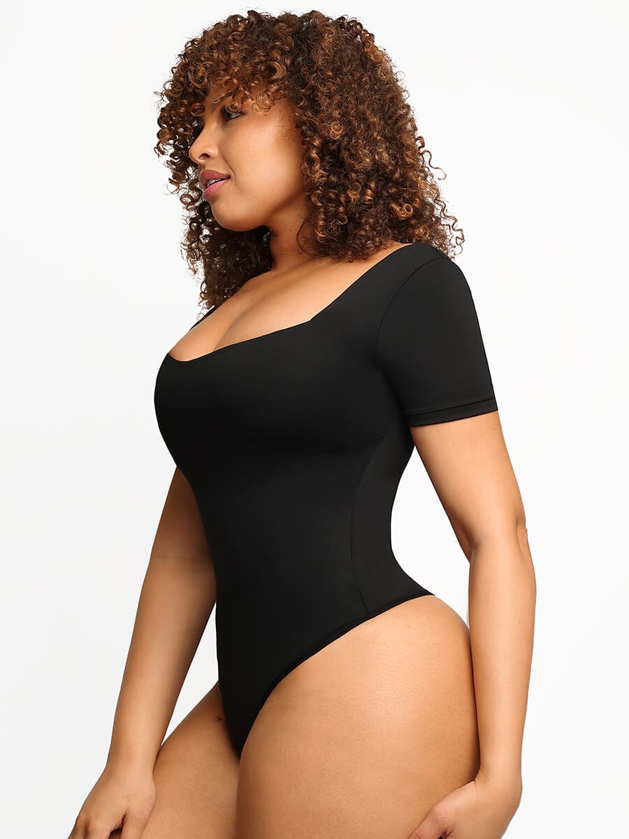 Square-Neck Short-Sleeve Tummy Control Body Shaper