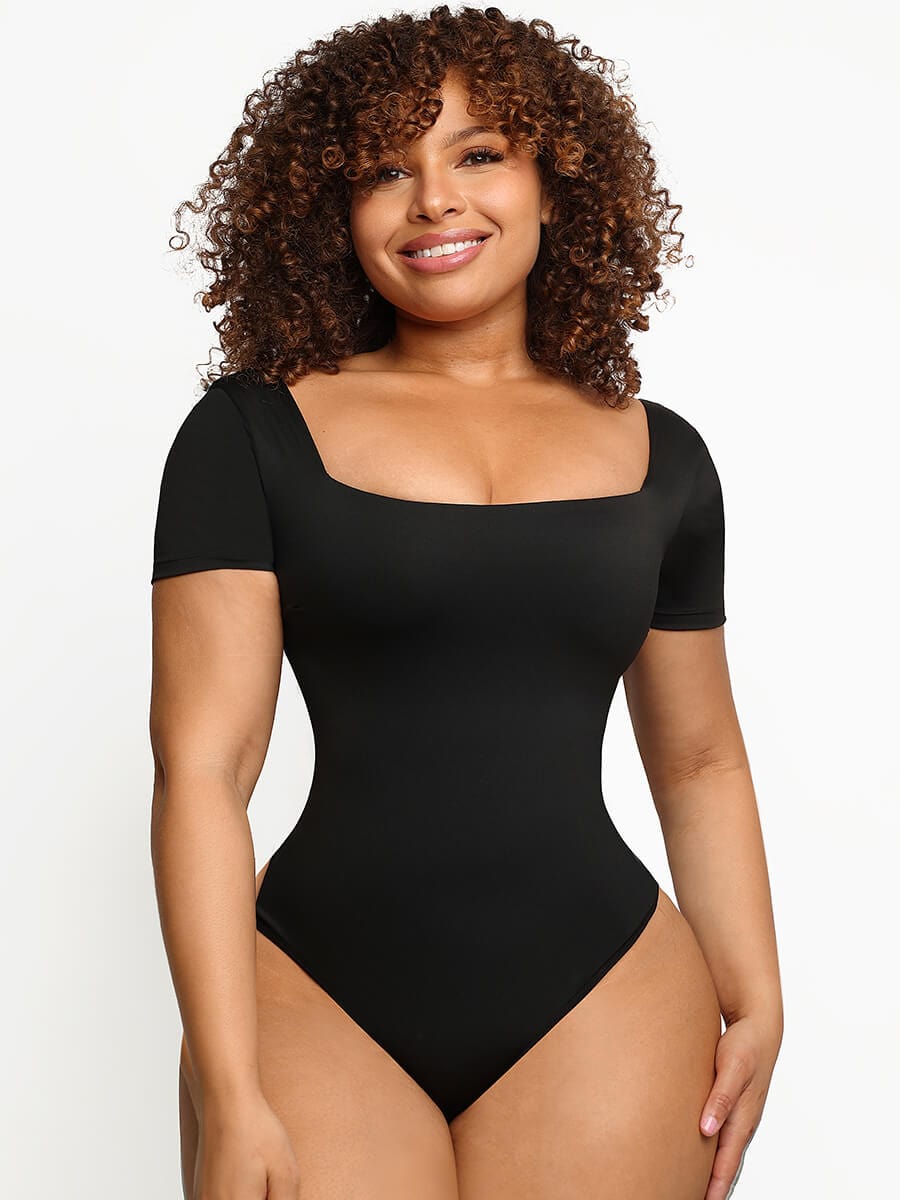 Square-Neck Short-Sleeve Tummy Control Body Shaper