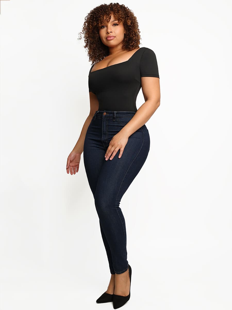 Square-Neck Short-Sleeve Tummy Control Body Shaper