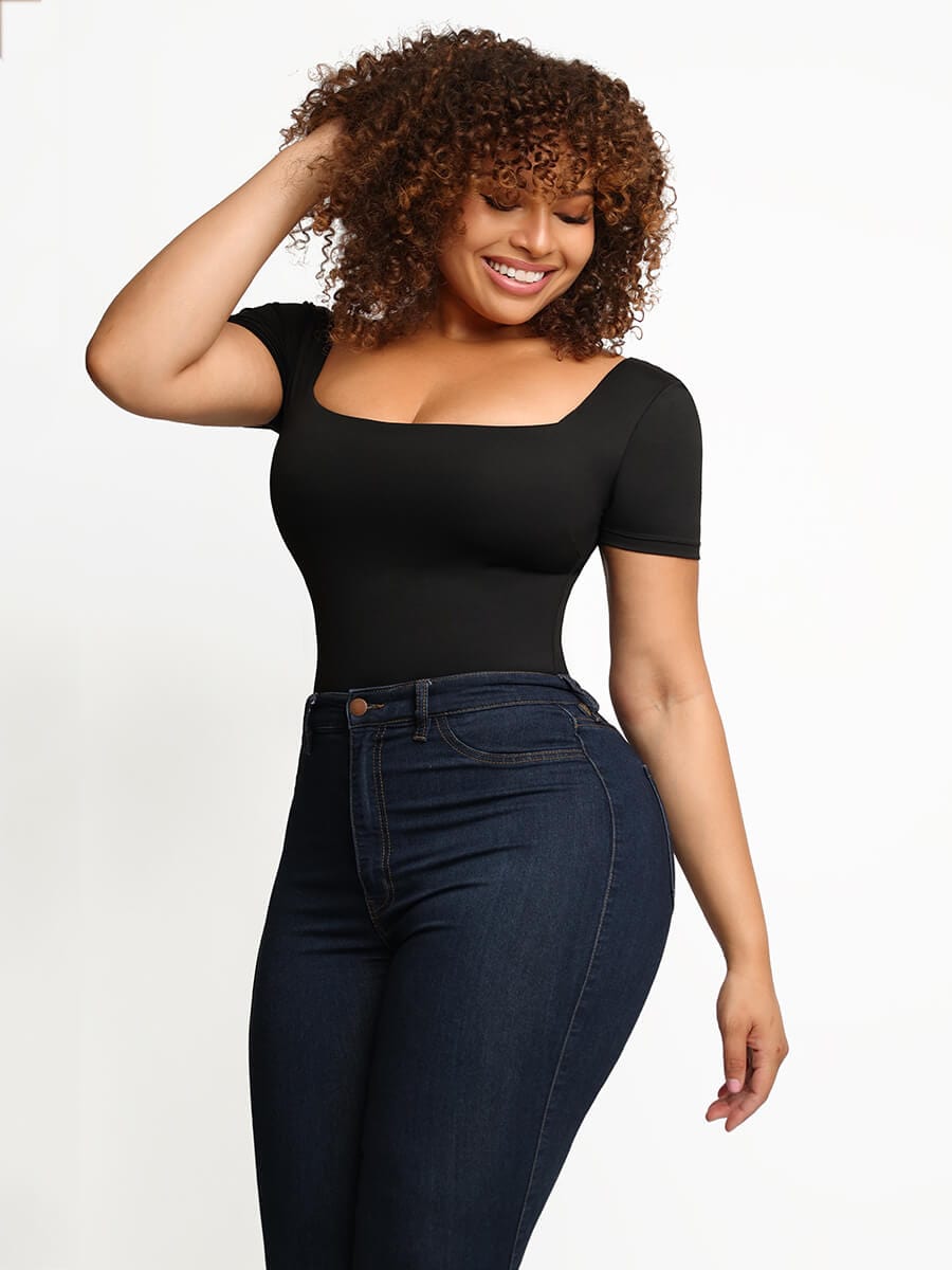 Square-Neck Short-Sleeve Tummy Control Body Shaper