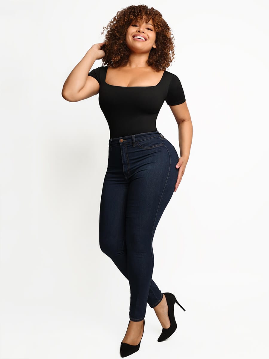 Square-Neck Short-Sleeve Tummy Control Body Shaper