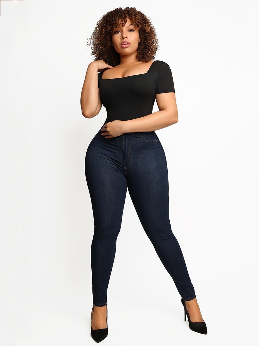 Square-Neck Short-Sleeve Tummy Control Body Shaper