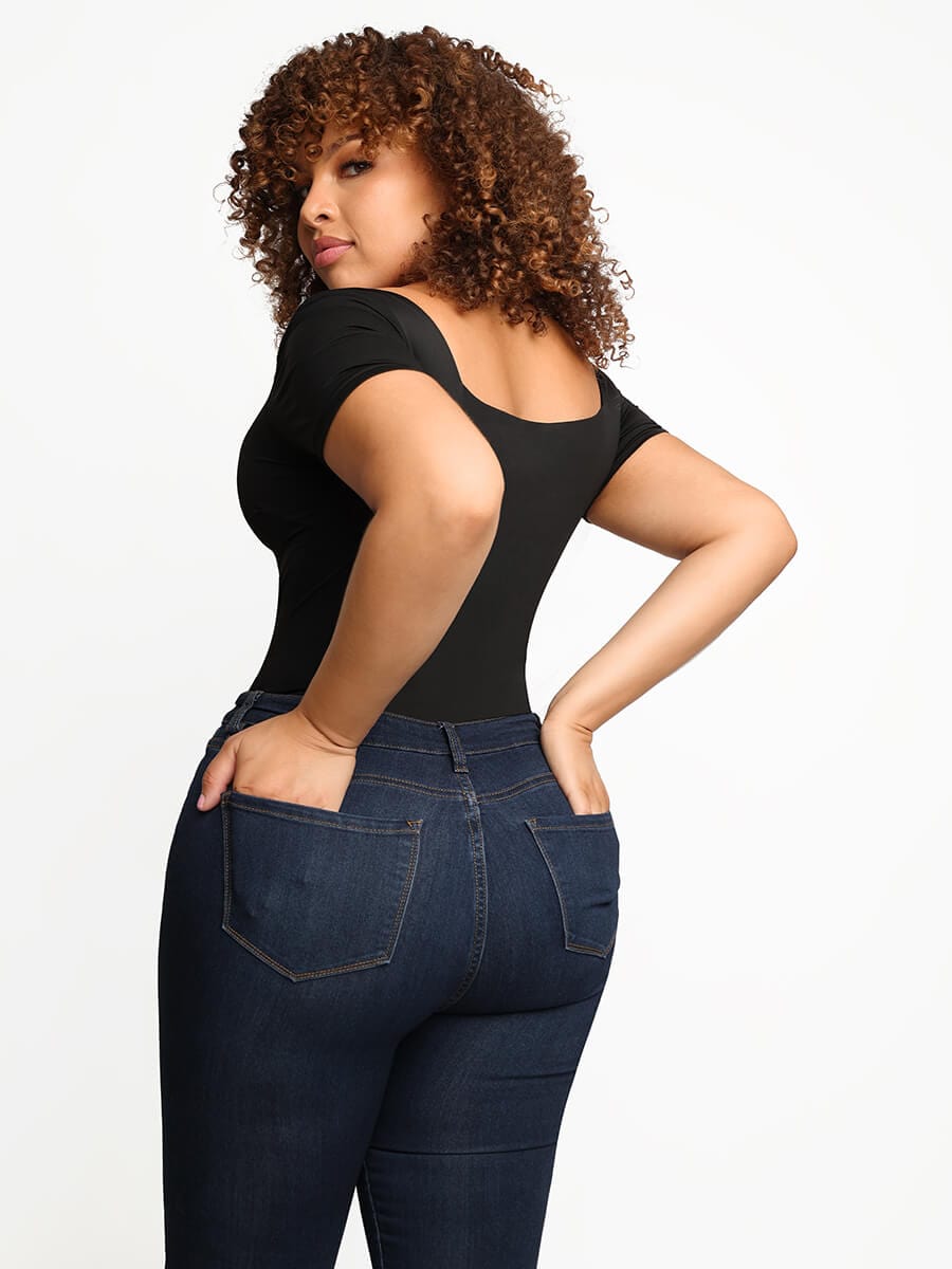 Square-Neck Short-Sleeve Tummy Control Body Shaper
