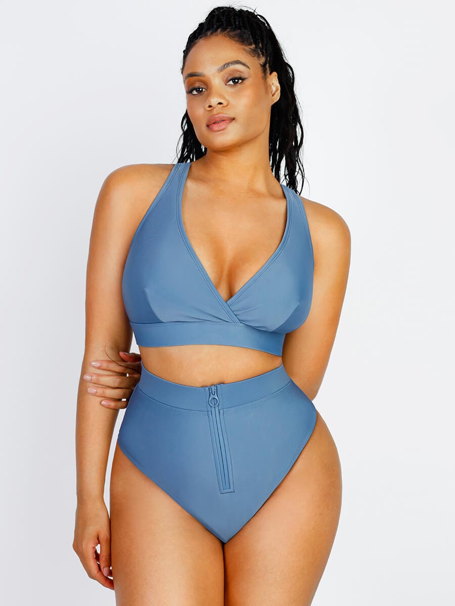 High-Waist Slimming Bikini Bottom with Waterproof Zip Line