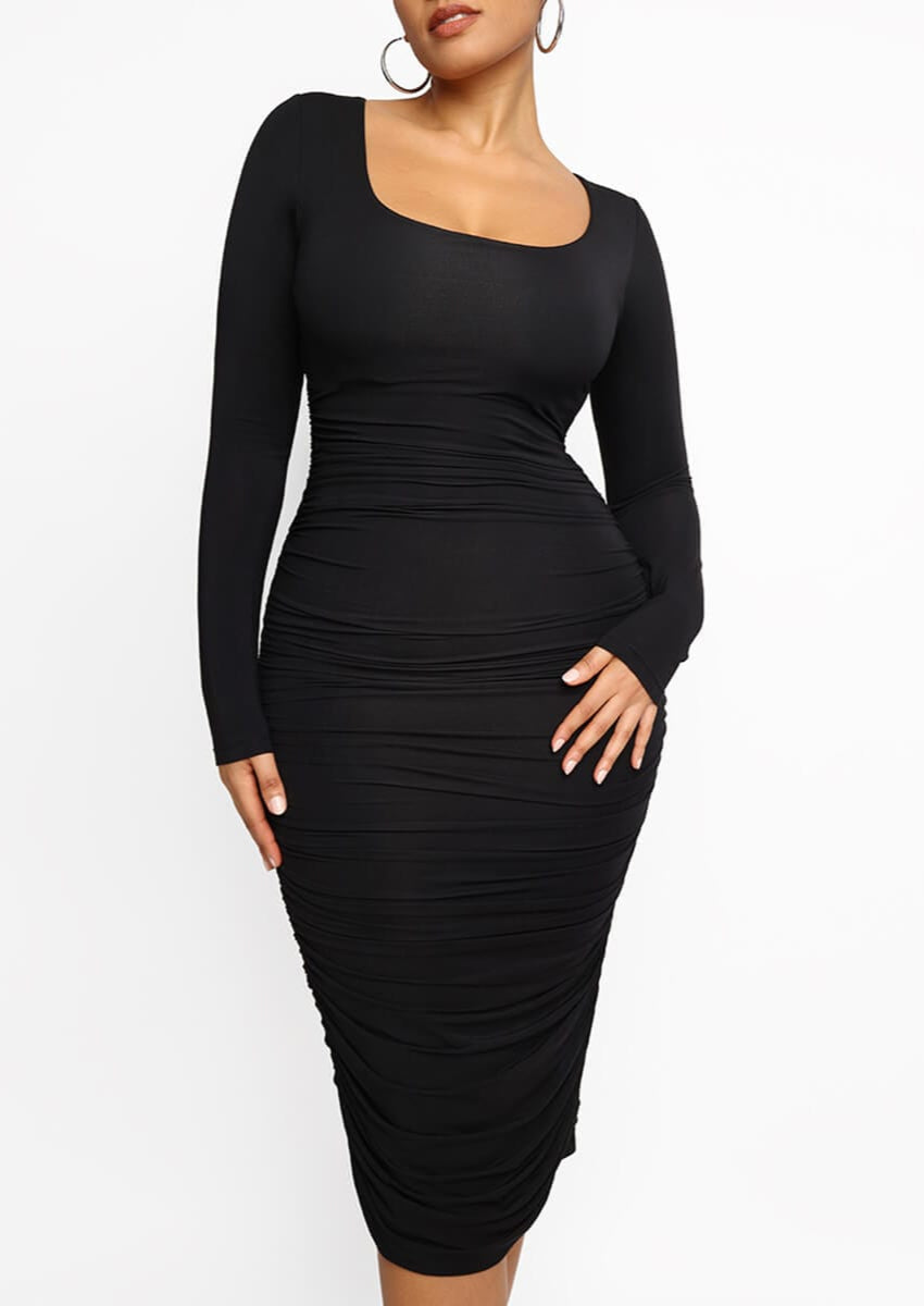 Square-neck Long-sleeve Shaping Dress - Auxieswear