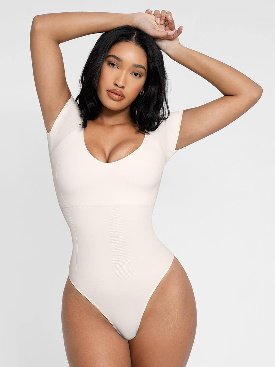 Scoop Neck Cap Sleeve Form-Fitting Bodysuit - Auxieswear