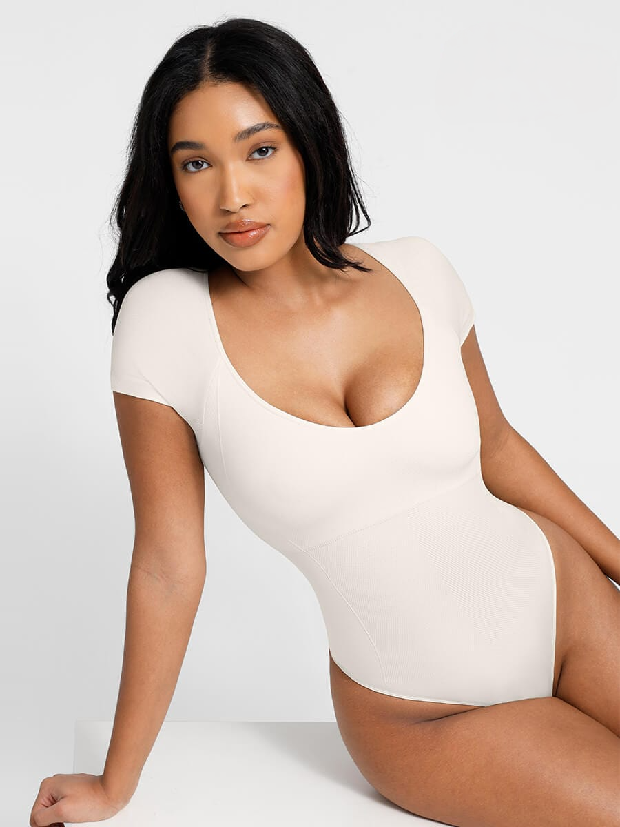 Scoop Neck Cap Sleeve Form-Fitting Bodysuit - Auxieswear