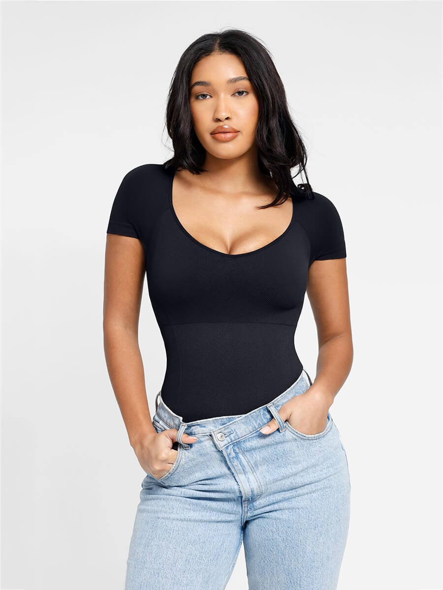 Scoop Neck Cap Sleeve Form-Fitting Bodysuit - Auxieswear