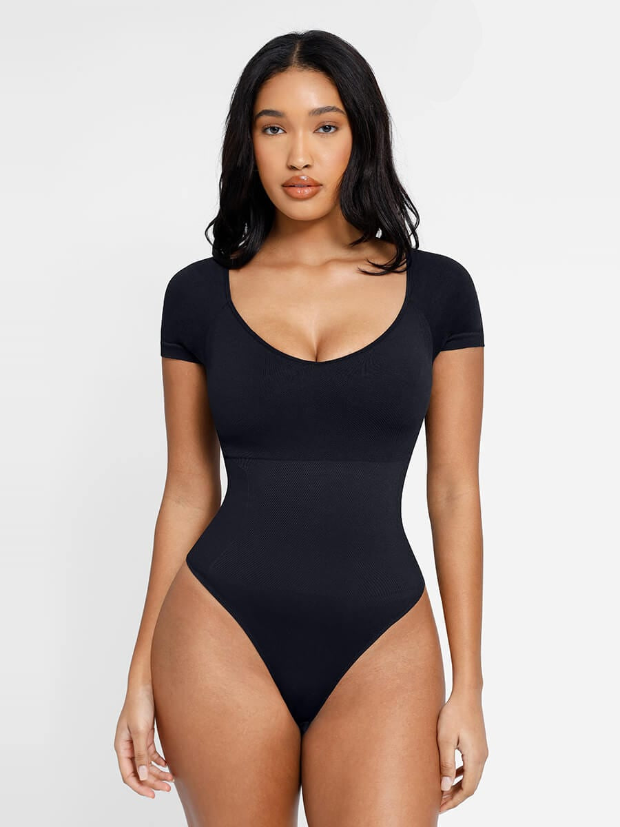 Scoop Neck Cap Sleeve Form-Fitting Bodysuit - Auxieswear