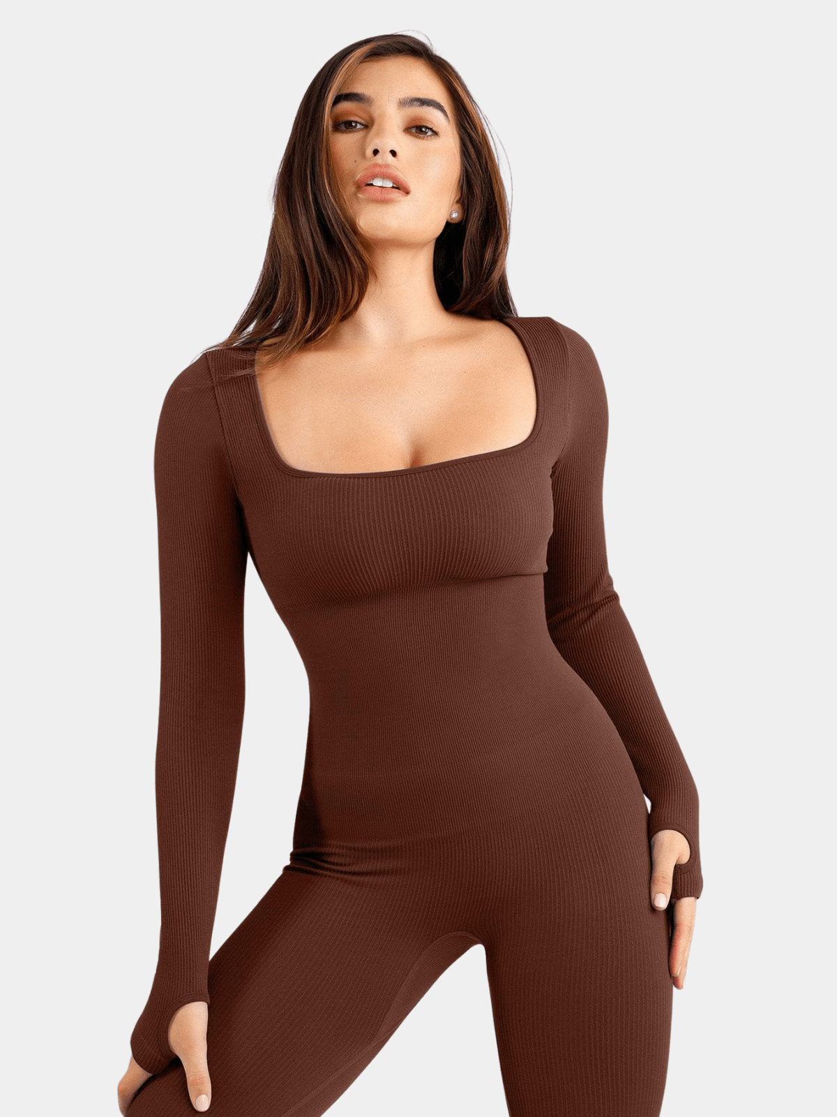 Square Neck Seamless Long Sleeve Jumpsuit - Auxieswear