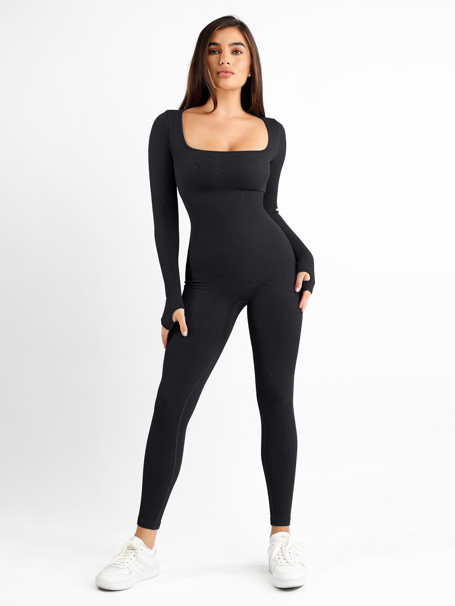 Square Neck Seamless Long Sleeve Jumpsuit - Auxieswear
