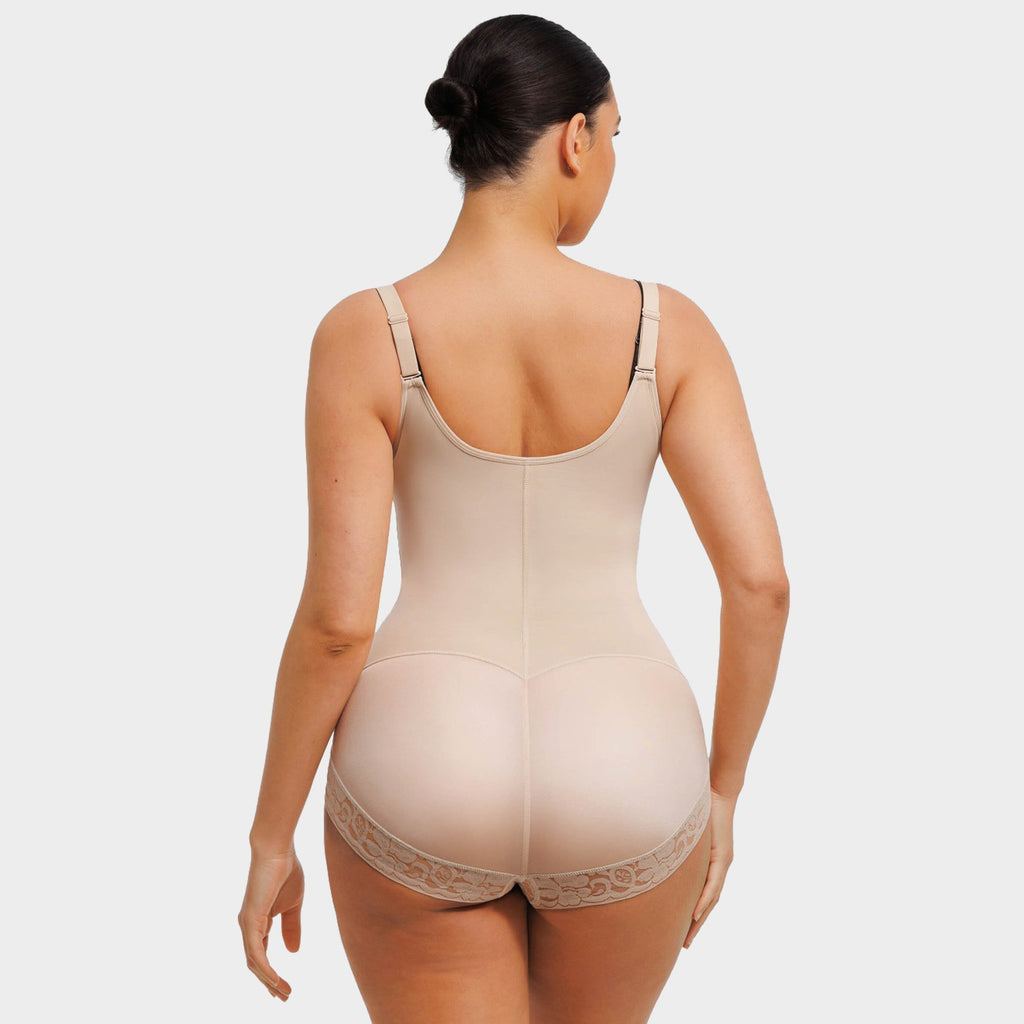 U-Shaped Bust Lifting Lace Bodysuit With Front Zipper - Auxieswear