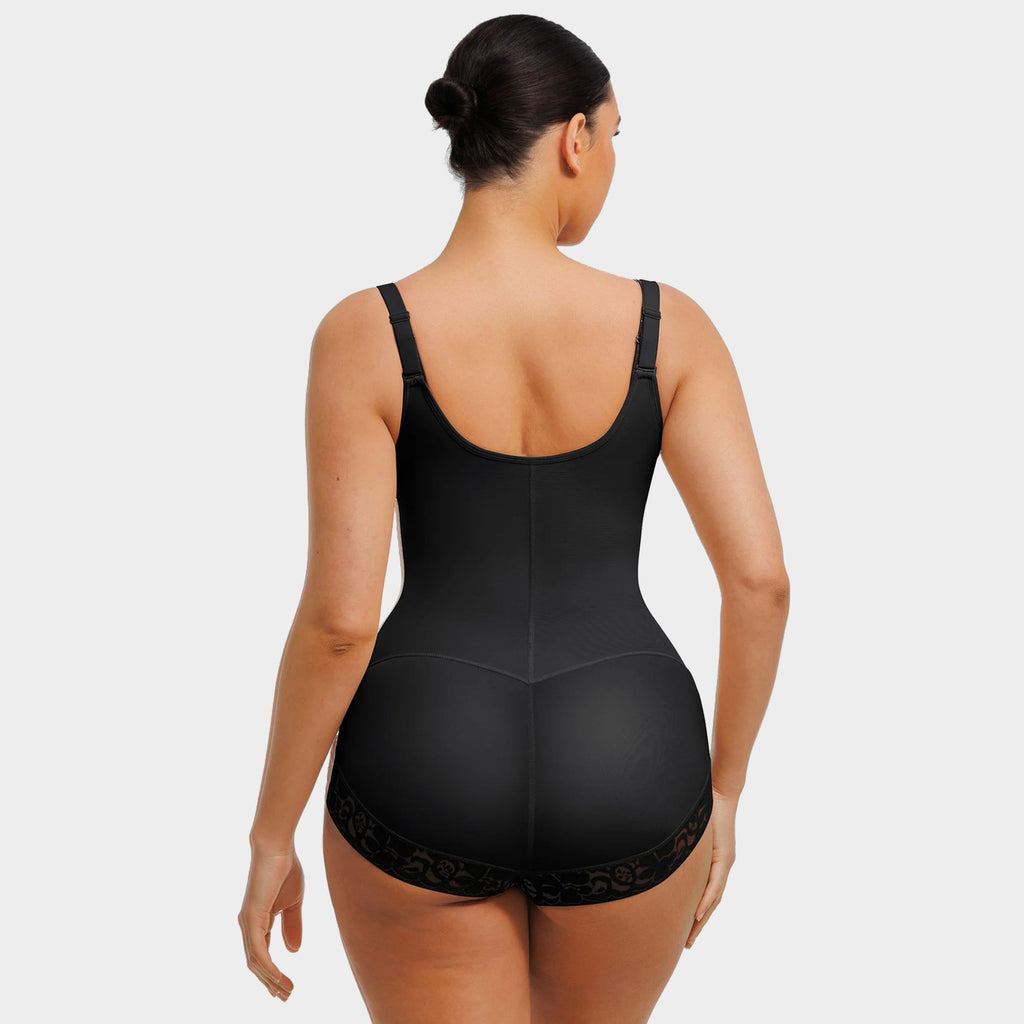 U-Shaped Bust Lifting Lace Bodysuit With Front Zipper - Auxieswear