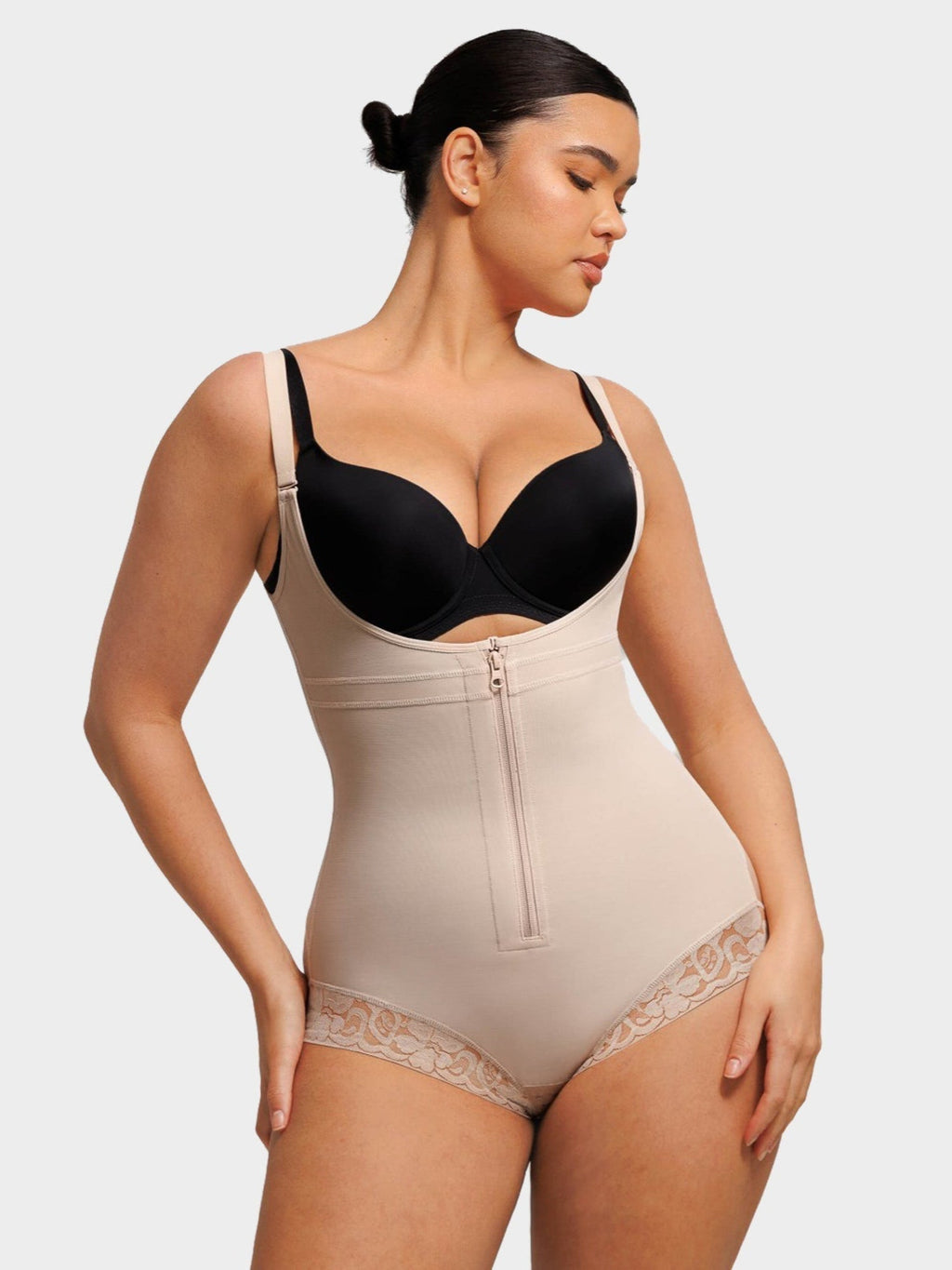 U-Shaped Bust Lifting Lace Bodysuit With Front Zipper - Auxieswear