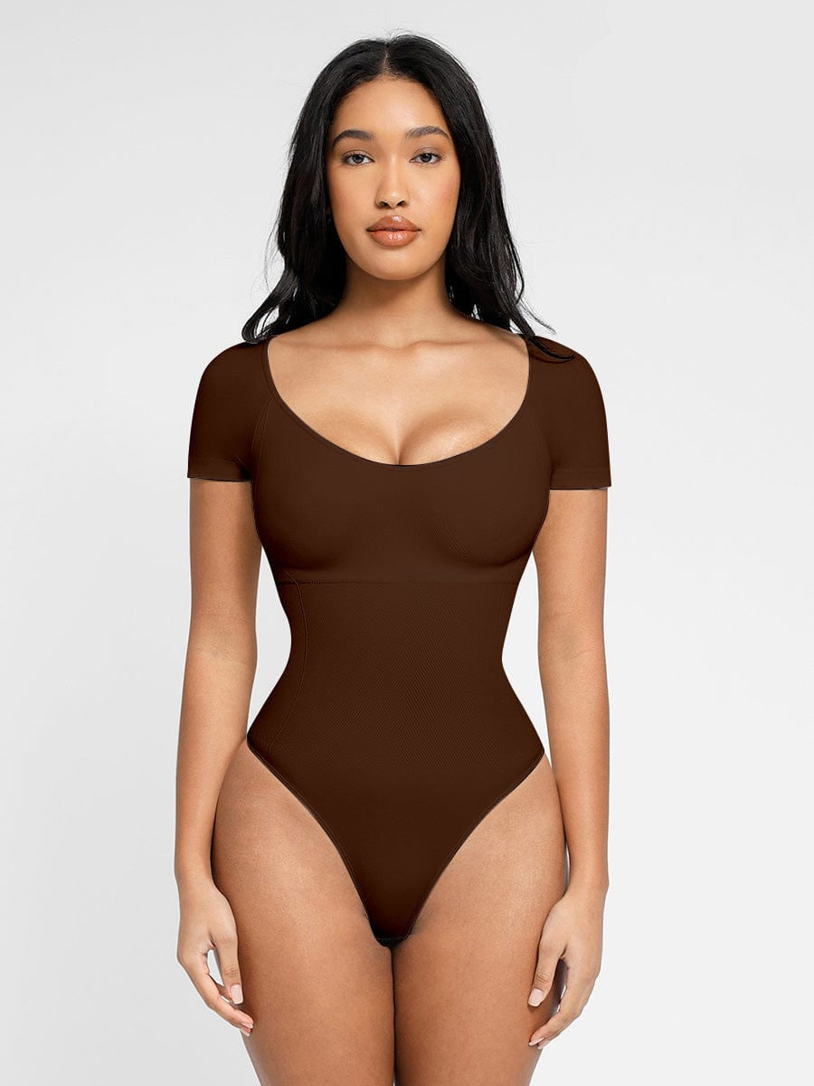 Scoop Neck Cap Sleeve Form-Fitting Bodysuit - Auxieswear