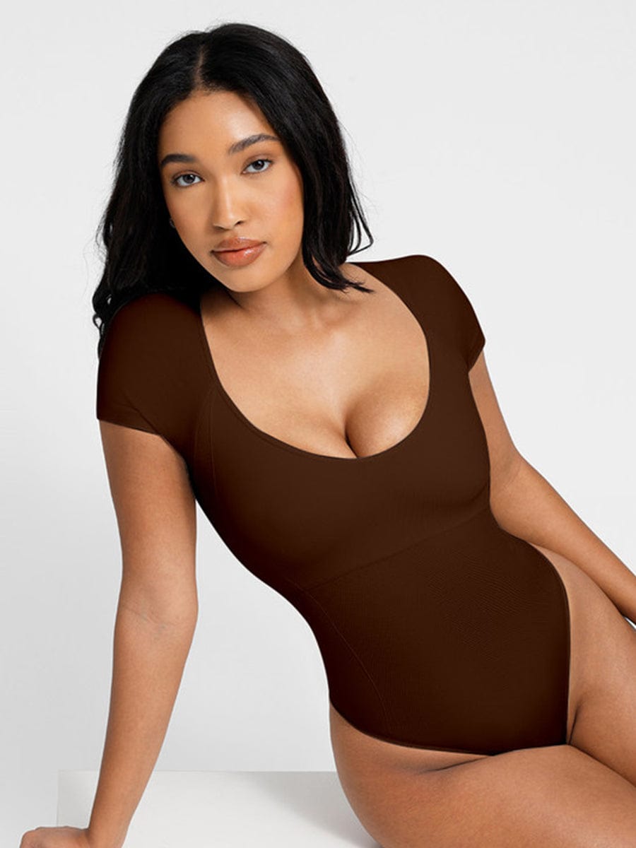 Scoop Neck Cap Sleeve Form-Fitting Bodysuit - Auxieswear
