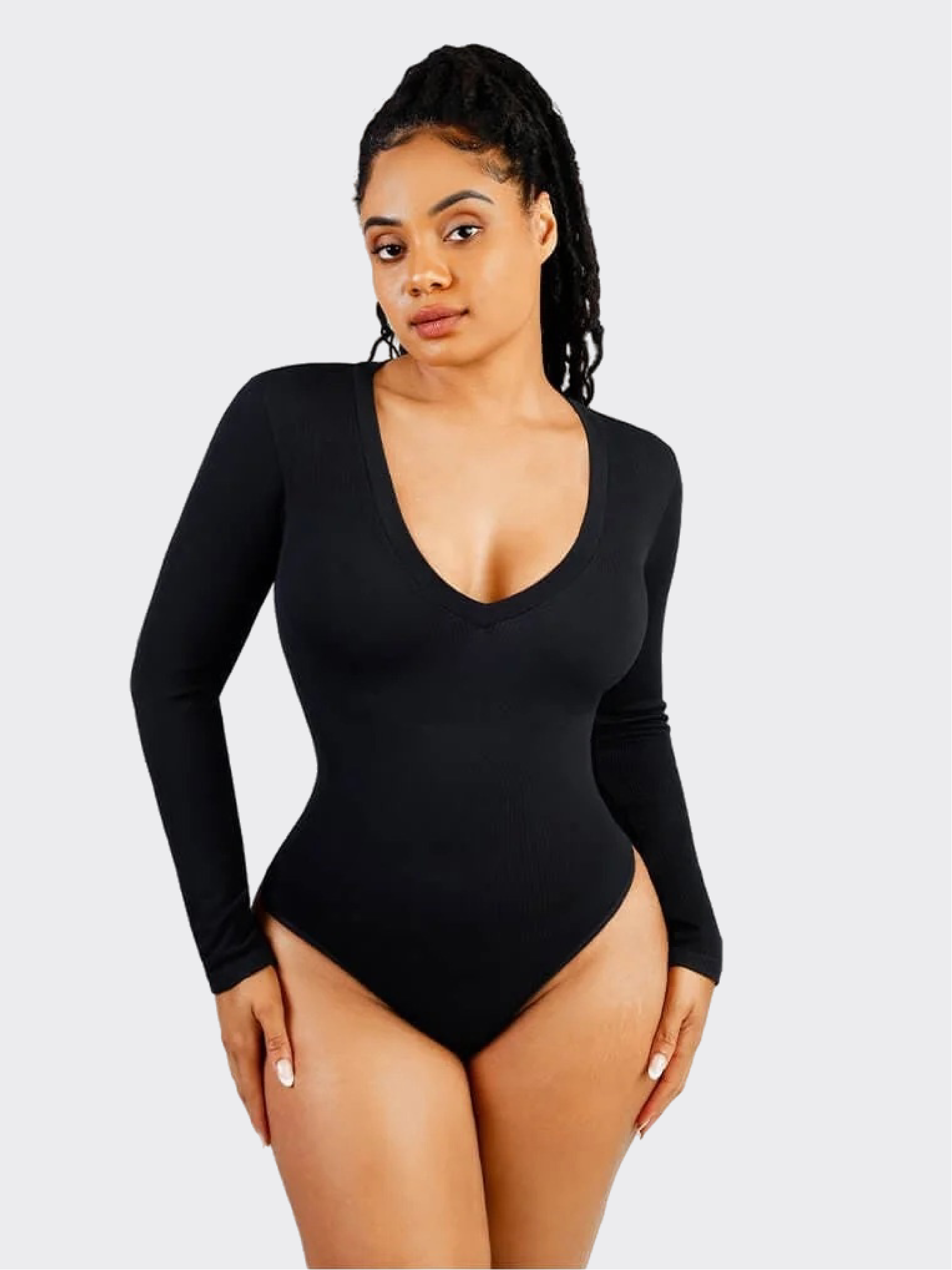 Long Sleeved V-neck Waist & Tummy Sculpt Bodysuit